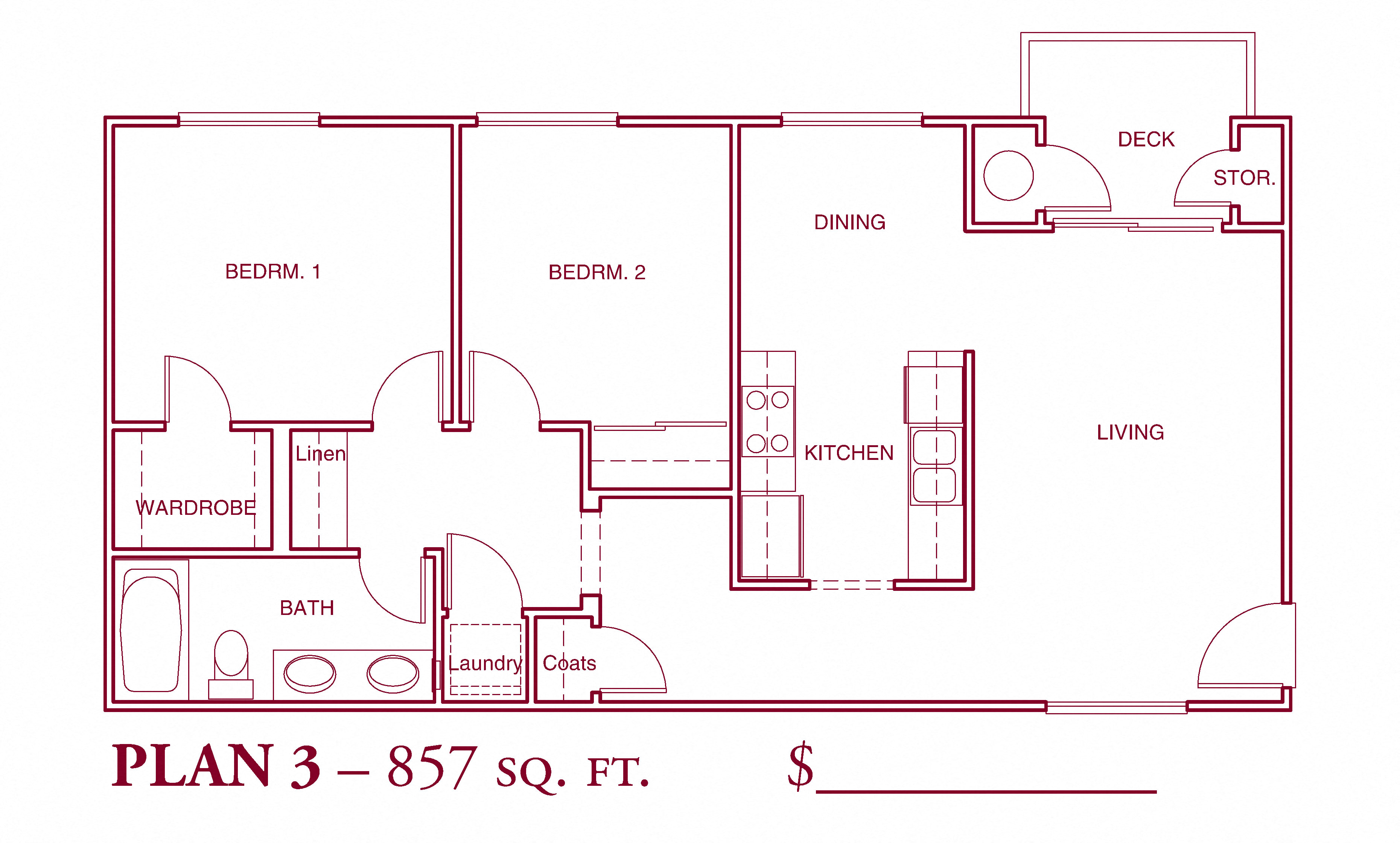 Floor plan for 2 beds, 1 bath, 857 sqft